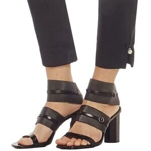 Donald Pliner Edie Black Leather Elastic Strap Block Heel Sandals 8.5 NWOB